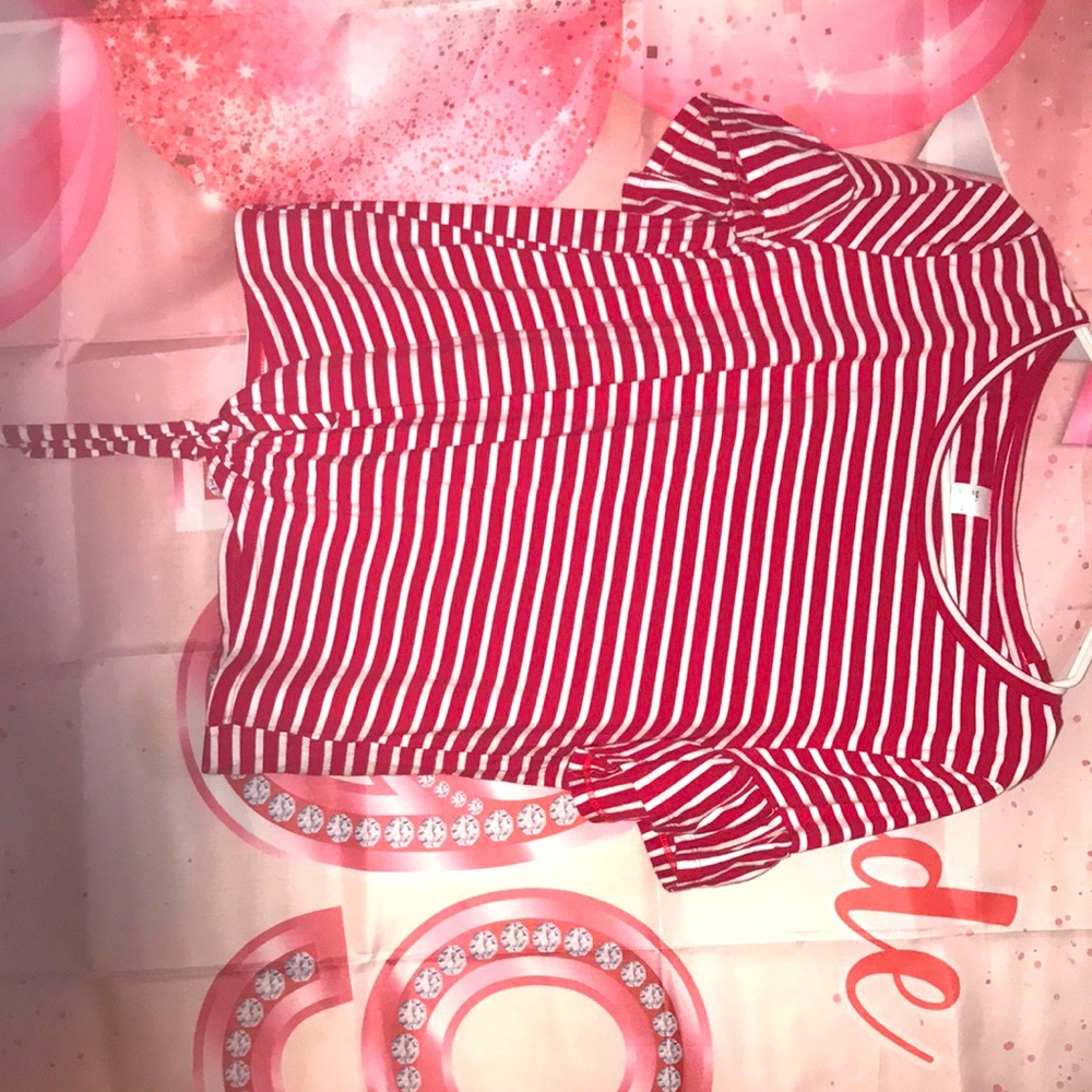 Red and white striped Blouse tie dwn at bottom